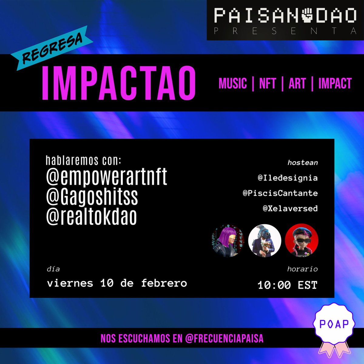 Xelaversed's tweet photo. We’re back!

Primeros invitados del año:
@empowerartnft @Gagoshitss @realtokdao

✊👇 Activen recordatorios 👇✊
 https://t.co/W8YSWKqTBB https://t.co/V0AkZMnPjr