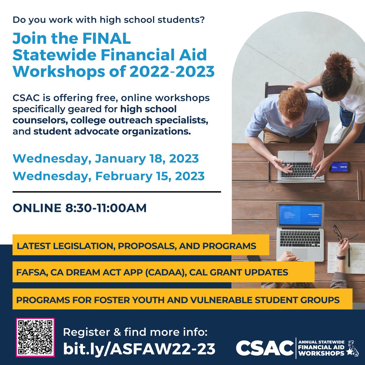 Do you work with high school or college students? 
Join our financial aid experts online on February 15th for our FINAL Statewide Financial Aid Workshop of 2022-2023! 

Register today at bit.ly/ASFAW22-23 or click the link in our bio.