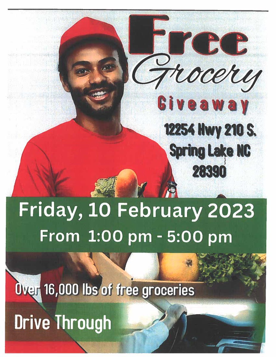 FREE GROCERY GIVEAWAY!
12254 HWY 210 S.
SPRING LAKE, NC 28390
FRIDAY, FEBRUARY 10th 2023
1:00 PM - 5:00 PM