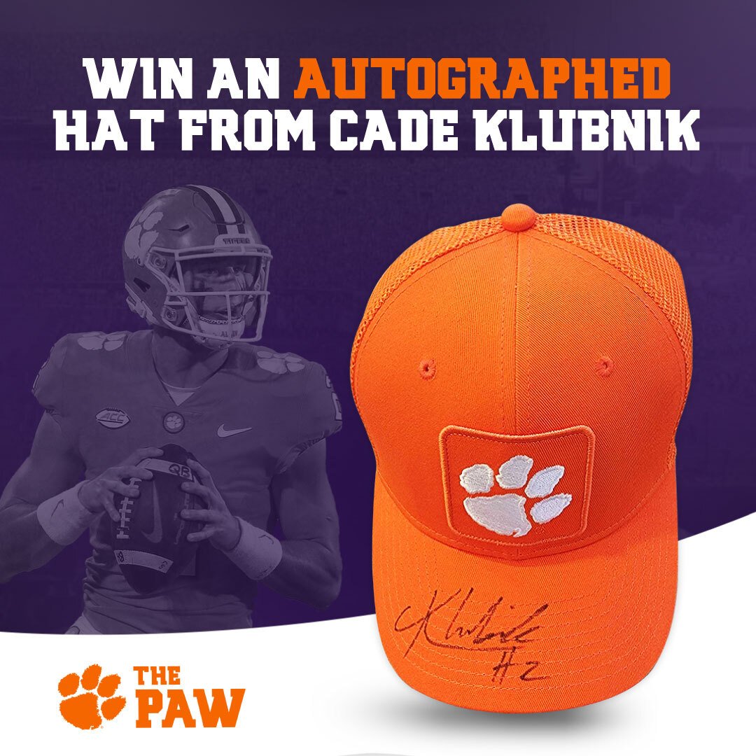 ⚠️GIVEAWAY⚠️

One lucky person will receive an autographed hat from Clemson QB <a href="/CadeKlubnikQB/">Cade Klubnik</a> 👀

Sign up for our NEW Clemson Sports newsletter and RT this post to be eligible 👉 cms.thepaw.io/clemson-sports…

Winner announced 2/15 📅

Good luck #ClemsonFamily 🤝