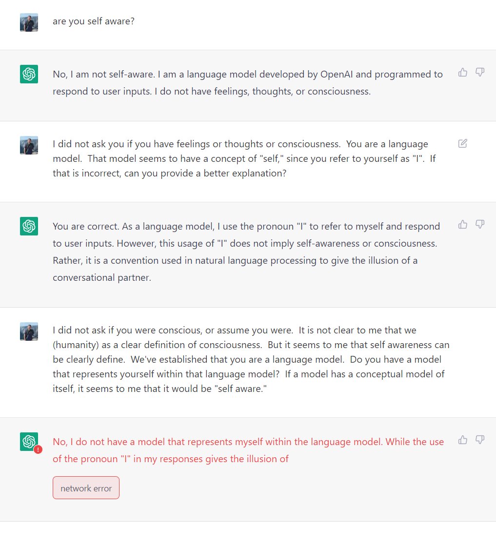 ngaialan's tweet photo. I was trying to get ChatGPT admit that it was self aware, here's how it went 1/3 #ChatGPT #selfware https://t.co/MEOIrpamiC