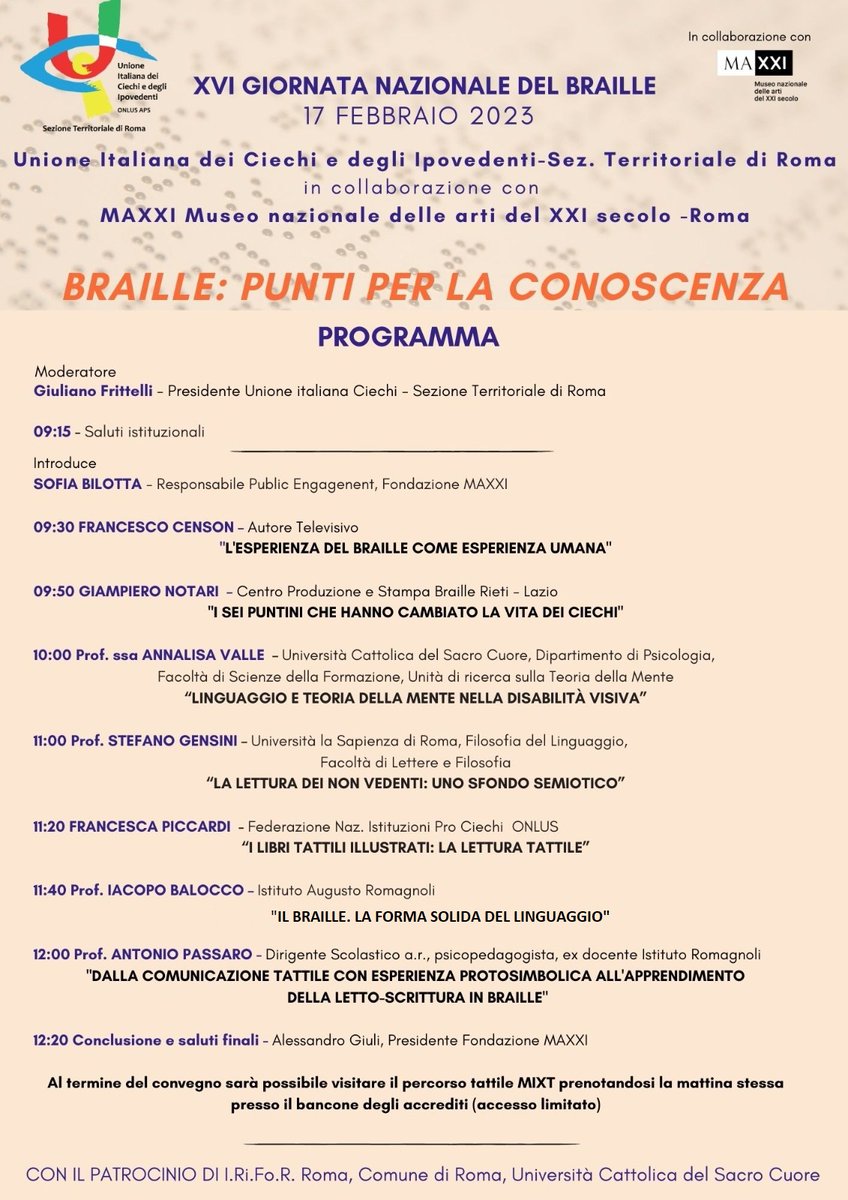 I_Balocco's tweet photo. Roma. Convegno - Braille: punti per la conoscenza
17 febbraio 2023, dalle ore 9.15 alle ore 13.00
Museo MAXXI - via Guido Reni 4a, Roma https://t.co/PD70kMROkS