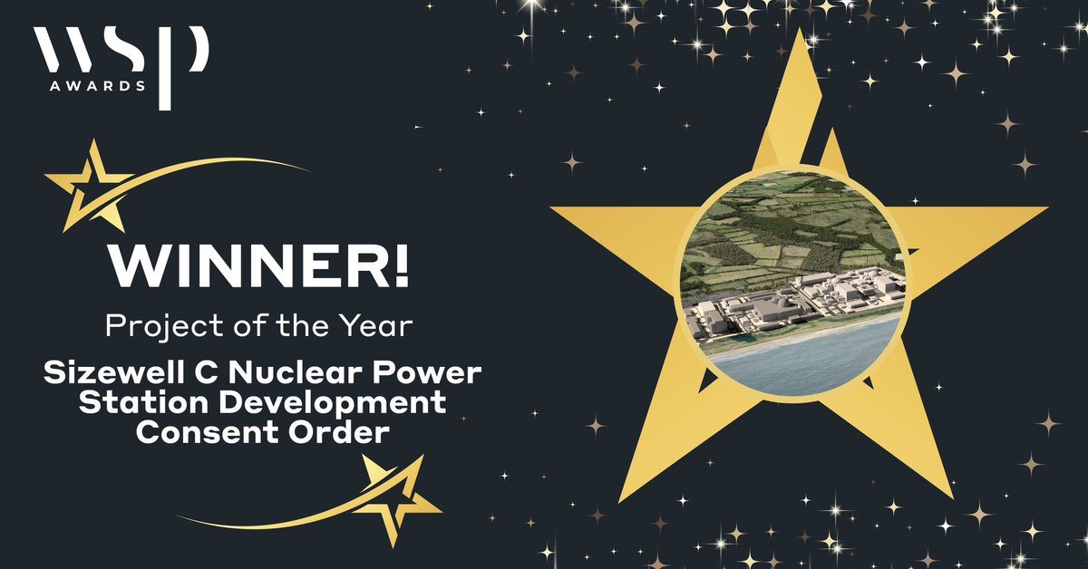 WSP_UKI's tweet photo. Just announced 📣 'Project of the Year' award goes to our EDF Energy Sizewell C project team! 

SZC is set to become one of the UK’s biggest #NetZero #infrastructure projects, supplying reliable low carbon electricity to around 6 million homes⚡️

#WSPAwards2023 https://t.co/oOUsyPj7r7