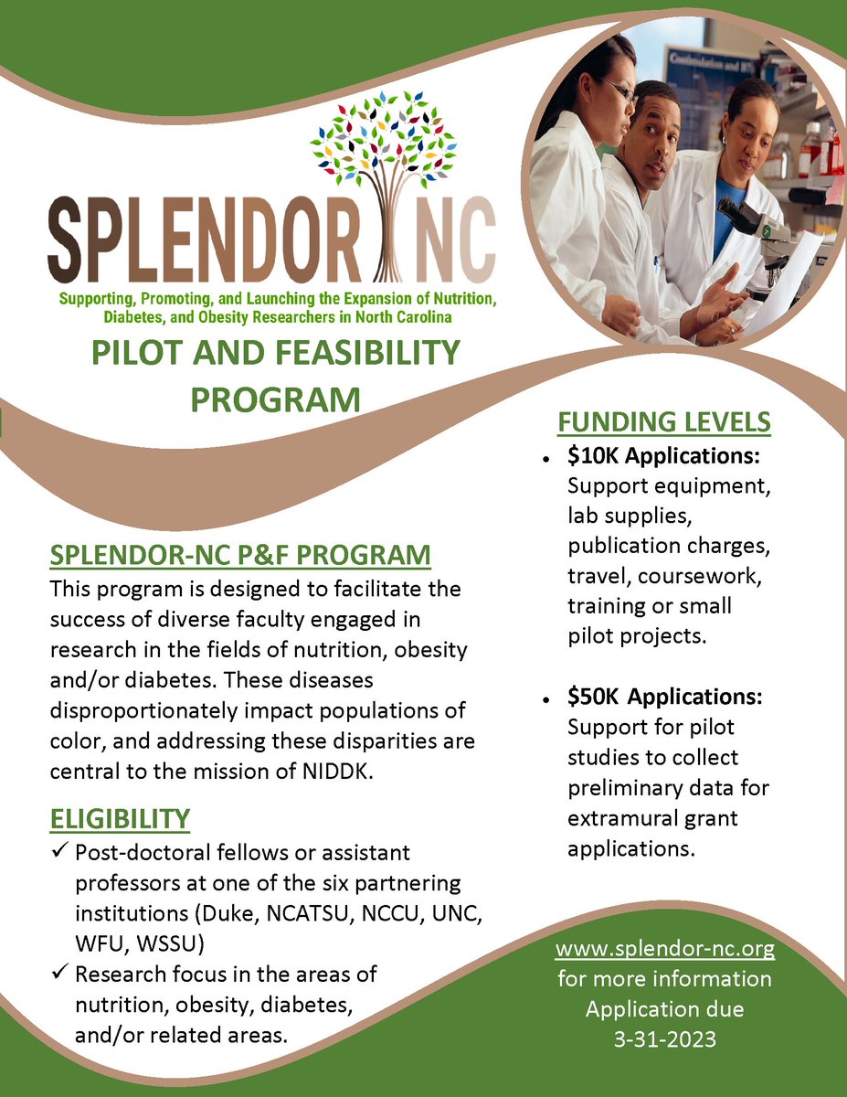 🌟Call for Pilot Award Applications🌟
SPLENDOR-NC will award $10-$50K awards to support research in the fields of nutrition, obesity, and diabetes at <a href="/DukeU/">Duke University</a> <a href="/NCCU/">North Carolina Central University</a> <a href="/ncatsuaggies/">North Carolina A&T</a> <a href="/UNC/">UNC-Chapel Hill</a> <a href="/WakeForest/">Wake Forest University</a> <a href="/WSSURAMS/">WSSU</a>
Learn more: splendor-nc.org