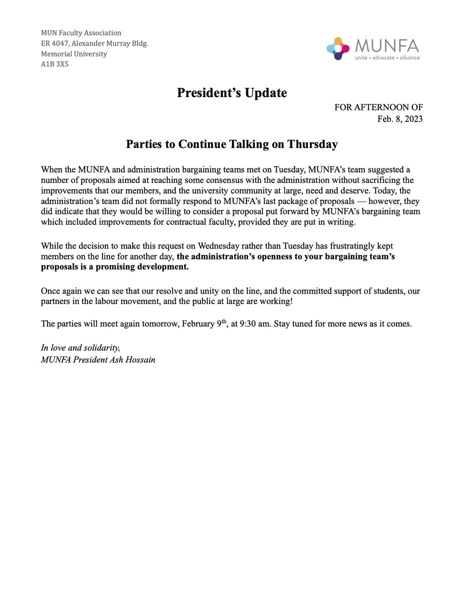 MUNFaculty's tweet photo. The administration has indicated it is willing to consider a proposal that will include improvements for contractual faculty, and the two sides will reconvene on Thursday morning! #FairDealAtMUN https://t.co/JT5AbnE1CO