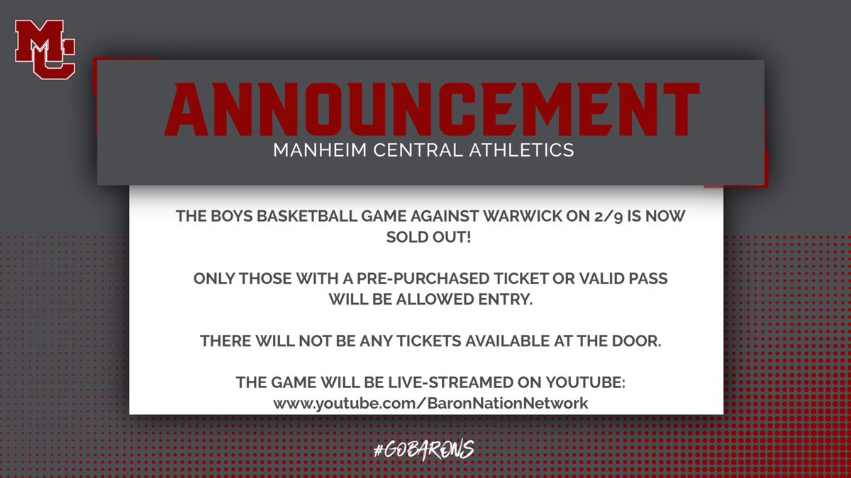 Tomorrow night’s Boys Basketball game against Warwick is now SOLD OUT. @ManheimCentral @WarwickWarriors @LancasterSports @BRC11SPORTS @LLhoops @JWalkLNP @AndyBrackets @BruceMorgan8