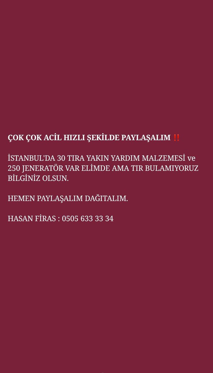 <a href="/firatgunayer/">Fırat Günayer</a> 250 adet jeneratör için Sevkiyat yapabilecek araç aranıyor