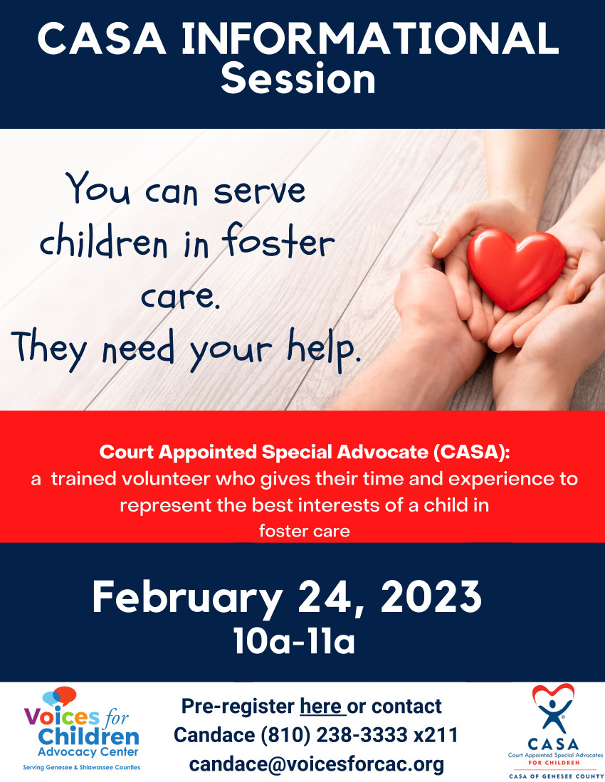 VoicesforCAC's tweet photo. If you or anyone you know is interested in being a positive impact for our community's most vulnerable, join us for our CASA Informational Session. We will be meeting on February 24th from 10am-11am, we hope to see you there! 💙
Register here: https://t.co/zXN6U4ji7D https://t.co/8hwXT58y4k