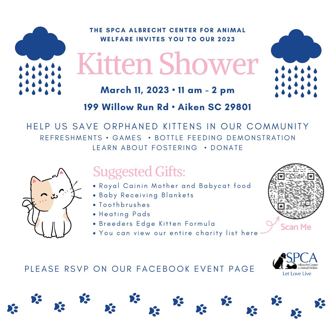 SPCAAlbrecht's tweet photo. HELP US SAVE ORPHANED KITTENS IN OUR COMMUNITY 
RSVP HERE: https://t.co/MOhHiU9tax or SCAN 2nd QR CODE
-Refreshments
-Games
-Bottle Feeding Demonstrations
-Learn about fostering
-Donate Here: LINK WILL BE UPDATED SOON https://t.co/ioDDBnTYij