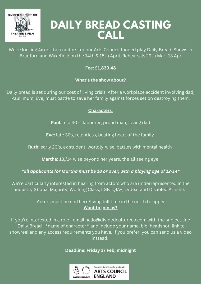 Northern actors get at us👋 we’re looking for 4 of you to join us for our <a href="/ace_national/">Arts Council England</a> funded play. If you fit the bill - email us with everything below. Be quick - applications close Friday 17 Feb🕰 #CASTING #castingcall #theatre #actors