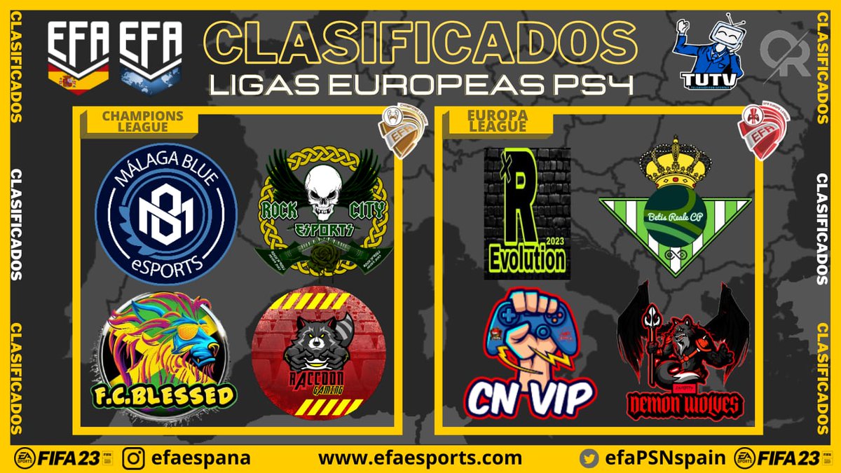 📢EQUIPOS CLASIFICADOS LIGAS EUROPEAS📢

🔁CHAMPIONS🔁
<a href="/Malaga_Blue/">Malaga Blue</a>
<a href="/RockCityEsports/">Rock City eSports</a>
<a href="/RaccoonGamingPs/">Raccoon Gaming</a>
@FC_BLESSED

🔁EUROPA LEAGUE 🔁
<a href="/RocketsEvo/">Rockets Evolution FC🚀</a>
@Betis_RealeCP
@cn_vipdeportivo
<a href="/DemonsWolves/">👹 Demon Wolves eSports 🐺</a>