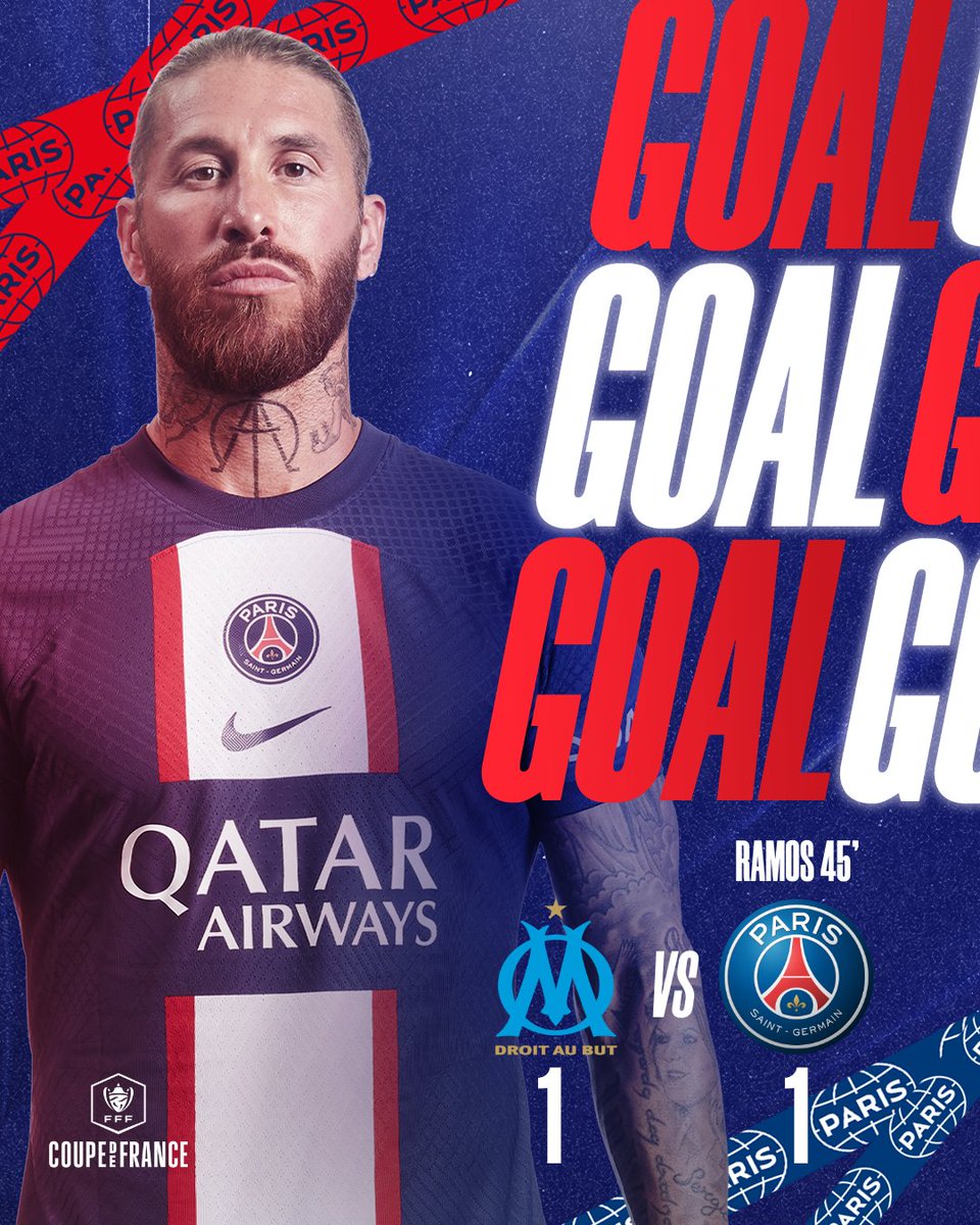 PSG_inside's tweet photo. ⏱️ 45'

L'égalisation de @SergioRamos !! ⚽️ (1-1) 

#CoupeDeFrance I #OMPSG I #LeClassique https://t.co/tLucLMhGJk