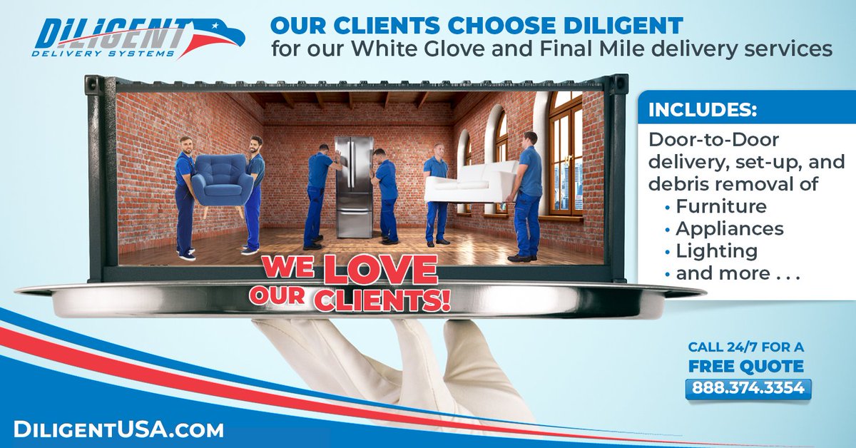 EXCourierIntl's tweet photo. DILIGENT Delivers Furniture, Appliances, and Lighting! DILIGENT provides delivery-to-store and door-to-door fulfillment solutions. https://t.co/2xoATnc9wJ #whiteglovedelivery #hotshot #dedicateddriver #fleetmanagement #logistics #freight #warehousing #driveroutsourcing https://t.co/lI1UDi4EN5