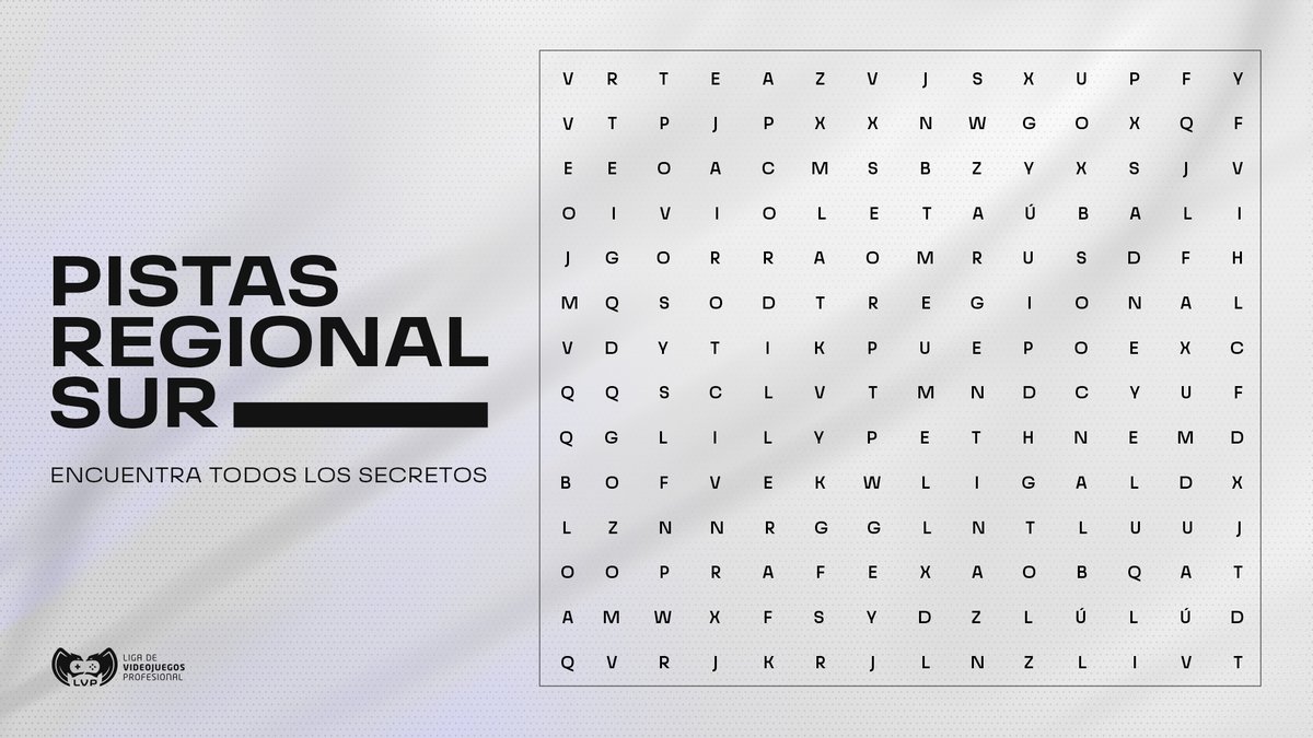 LVPlatam's tweet image. El #RegionalSur🏆está cada vez más cerca😎

👉 ¿Podrás encontrar todos los secretos que se esconden dentro de la sopa de letras? 🔍🕵️‍♂️

Hay 16 palabras ocultas 😉⬆⬅➡⬇↙↗