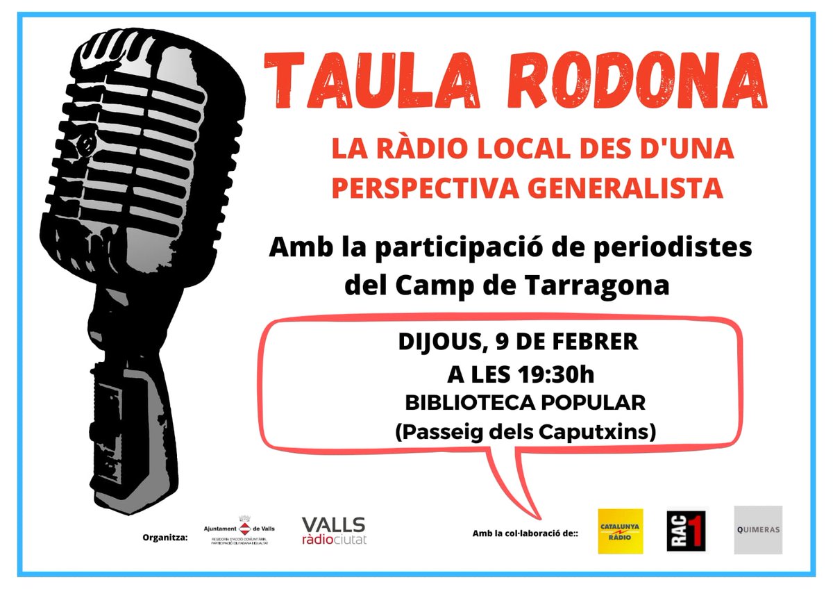 dprats91's tweet photo. En el marc del cinquè aniversari de @rcvalls, aquest dijous modero una taula rodona on els periodistes @estevegiralt de @rac1, @jrcatradio de @Cati_Tarragona i @carlesc1975 de @rctgn debatran sobre la ràdio local des d'una perspectiva generalista. #RCVALLS #periodisme #Valls https://t.co/xG0GVoU1Yn