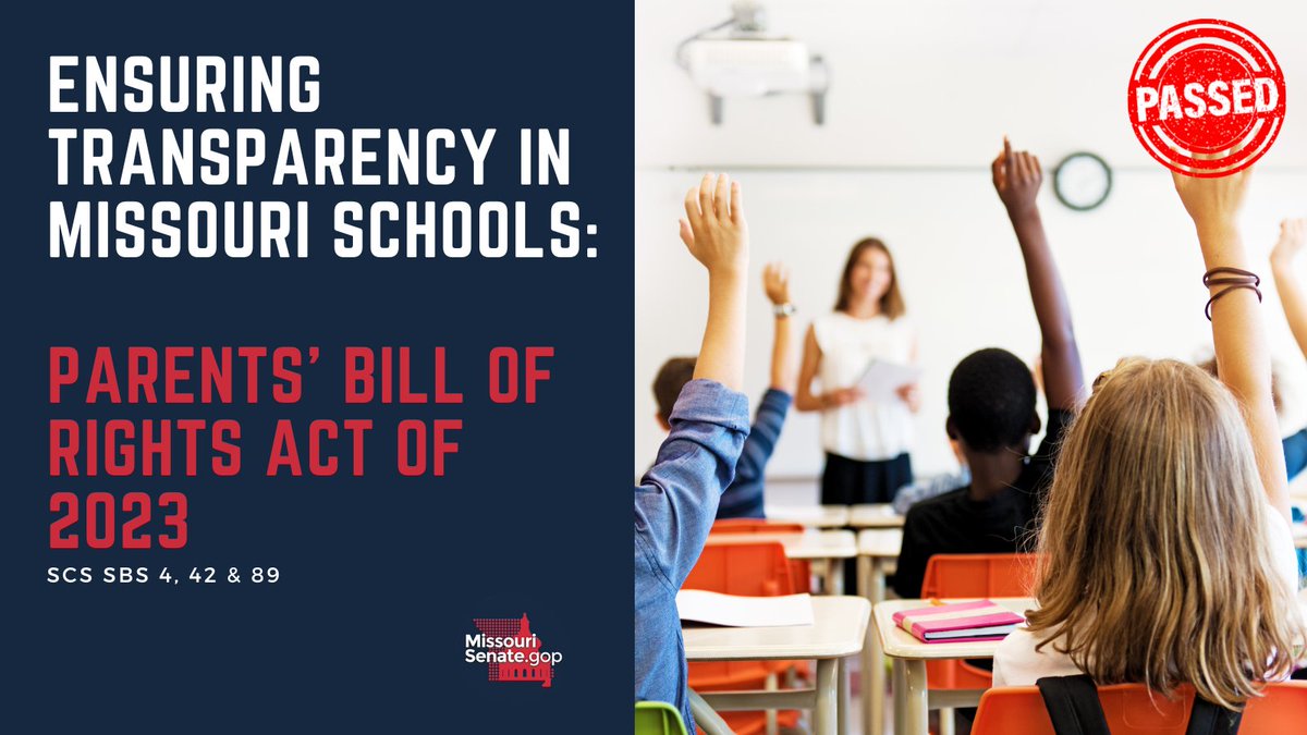 MOSenateGOP's tweet photo. The MO Senate has perfected the Parents' Bill of Rights Act of 2023 (SCS SBs 4, 42 & 89) to ensure transparency in Missouri schools and reinforce parents' fundamental rights to make decisions regarding the upbringing of their children.
@Koenig4MO #moleg #ParentsBillOfRights https://t.co/D6inEMiP7r