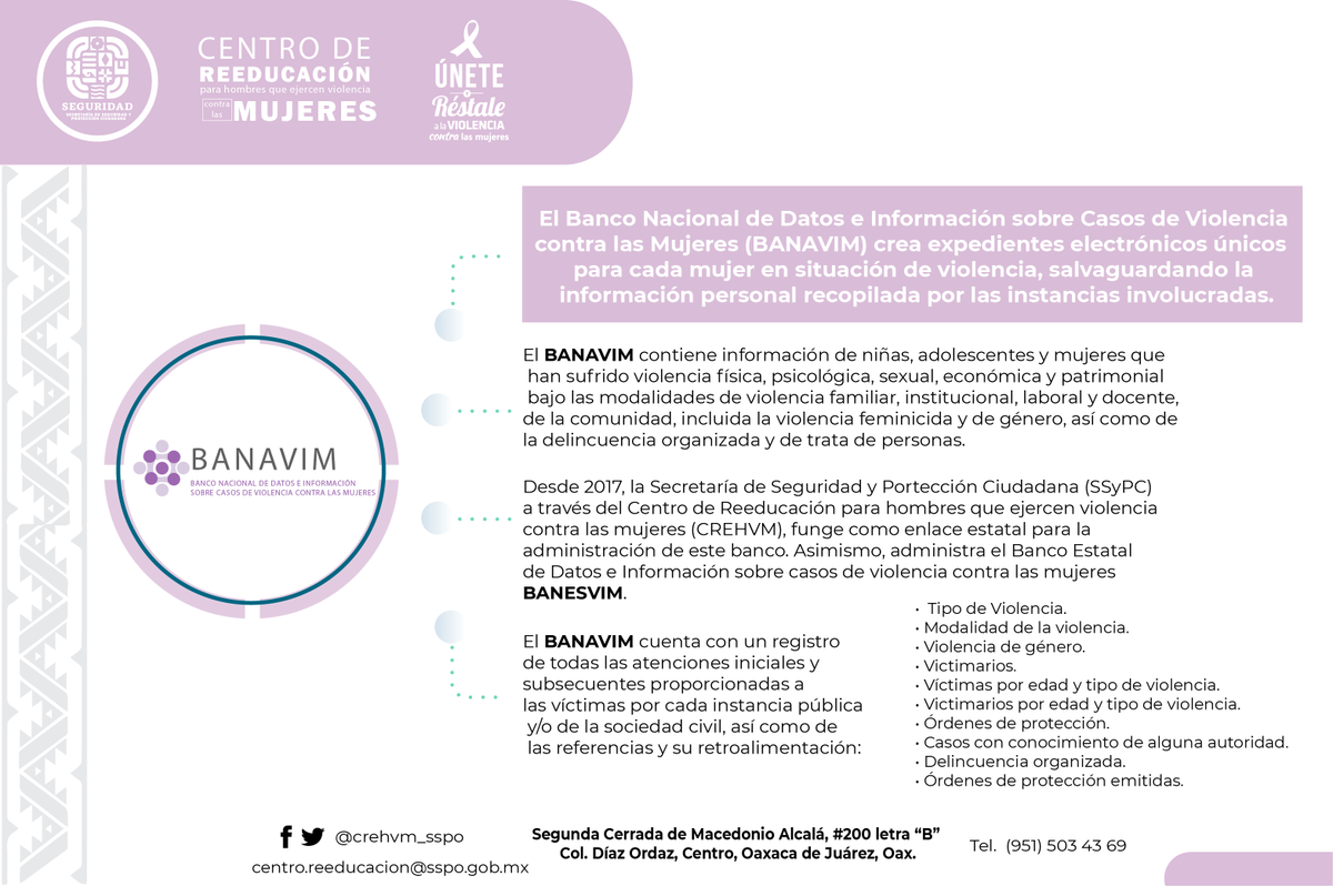 crehvm_sspo's tweet photo. 🟠 #Sabíasque desde 2017, la @SSPC_GobOax  
a través del @crehvm_sspo, funge como enlace estatal para la 
administración del Banco Nacional de Datos e Información sobre casos de Violencia Contra las Mujeres #BANAVIM. Así mismo, administra el Banco Estatal #BANESVIM. #Oaxaca https://t.co/j0c2GMFzWM