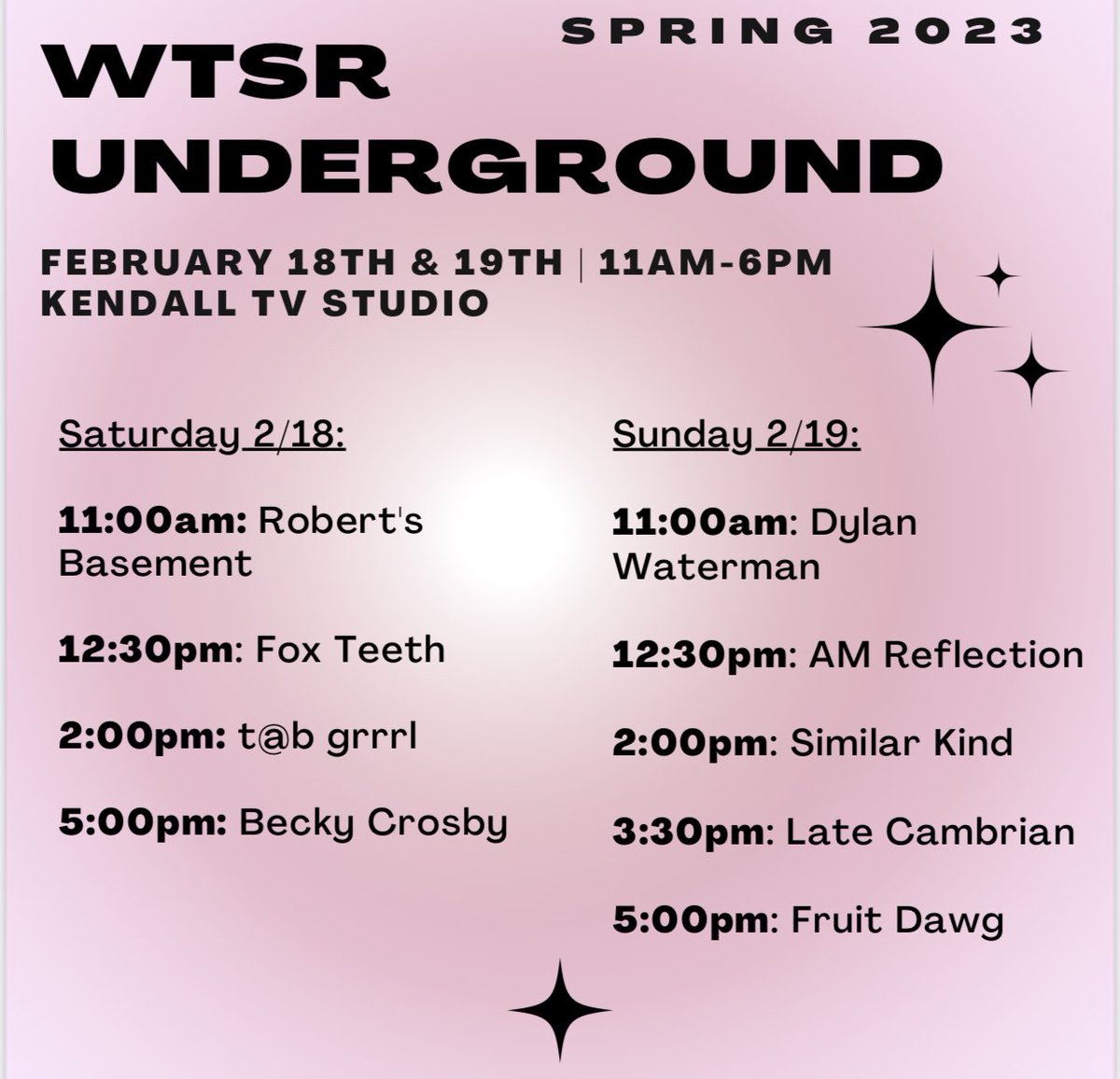 We are so excited to announce our official set list for WTSR’s Underground!!! This event is FREE to all and will be a great opportunity to enjoy performances from local and up and coming artists.
We hope to see you there!!
#openyourmind #wtsr #tcnj