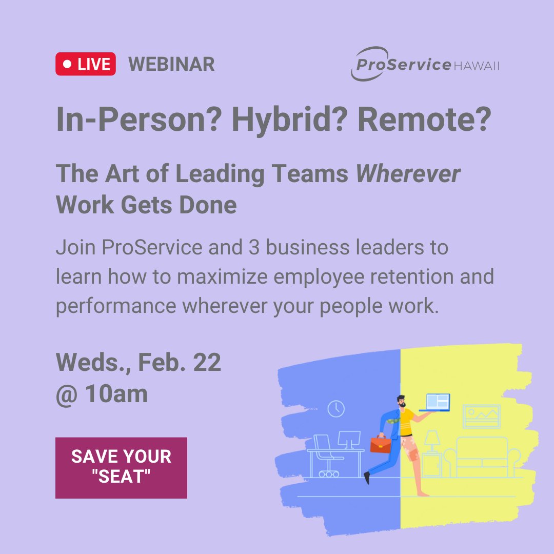 ProServiceHI's tweet image. Now is your chance to save your seat to hear from three business leaders who are navigating the various work policies along the hybrid work spectrum. Don't miss out: hubs.ly/Q01BM77M0

#ProServiceHawaii #HR #HawaiiBusiness #HybridWork