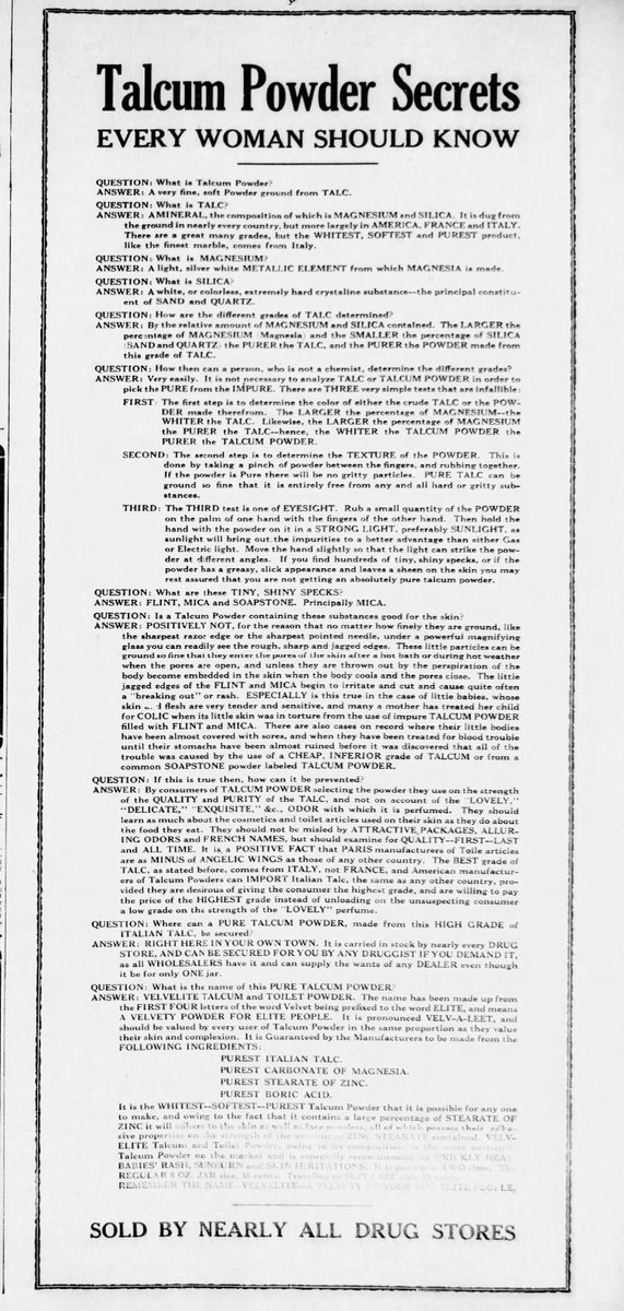 RavenWolf369's tweet image. Talcum Powder Secrets
Every Woman Should Know

The News Journal 
Tuesday, Sept 8, 1914
Wilmington, Delaware 

#talc #talcumpowder
