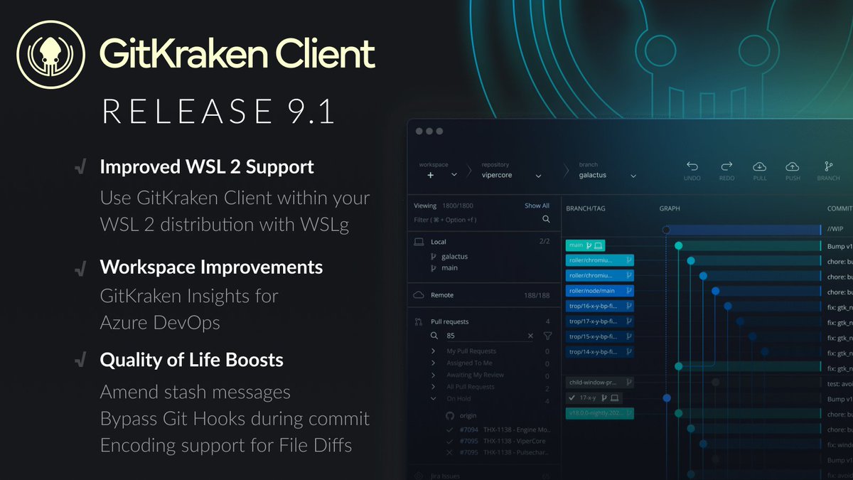 GitKraken's tweet photo. An ode to users requests! GitKraken Client 9.1: Improved WSL 2 Support plus other User-Requested Improvements 💥 https://t.co/Thtmz5zpvr