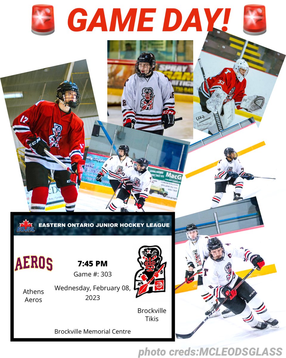 🚨GAME DAY!🚨 Your Brockville Tikis are on home ice tonight hosting the Athens Aeros. Puck drop at 7:45pm. <a href="/theEOJHL/">The EOJHL</a> Let’s roll Teeks!! #TikisGameday #tikitime #brockvilletikis #rollteeks #EOJHL