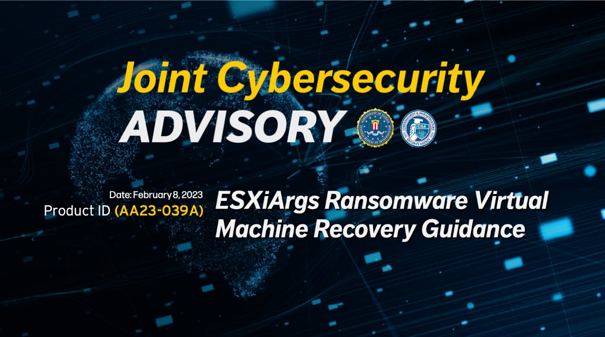 The #FBI and <a href="/CISAgov/">Cybersecurity and Infrastructure Security Agency</a> have issued a #CybersecurityAdvisory detailing the ongoing ESXiArgs ransomware campaign, which exploits vulnerabilities on VMware ESXi servers, potentially making them unusable. Read more at: ic3.gov/Media/News/202…