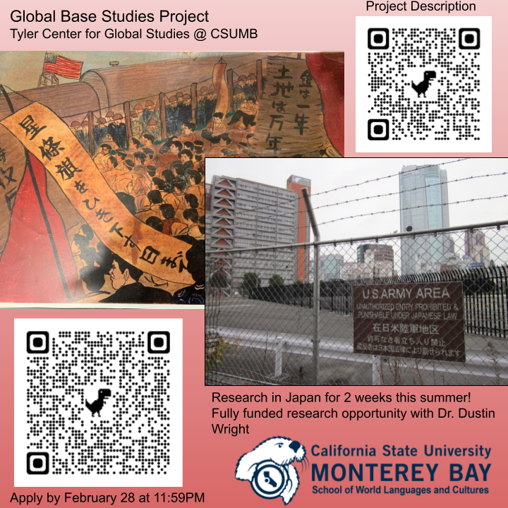 wright_dustin's tweet photo. Exciting opportunity for @CSUMB students to join me in researching bases and basetown histories in Japan this summer! Apply to become a Fellow for the newly created Global Base Studies Project, generously supported by the Tyler Center for Global Studies. Deadline to apply 2/28. https://t.co/DAZfbYGnMj