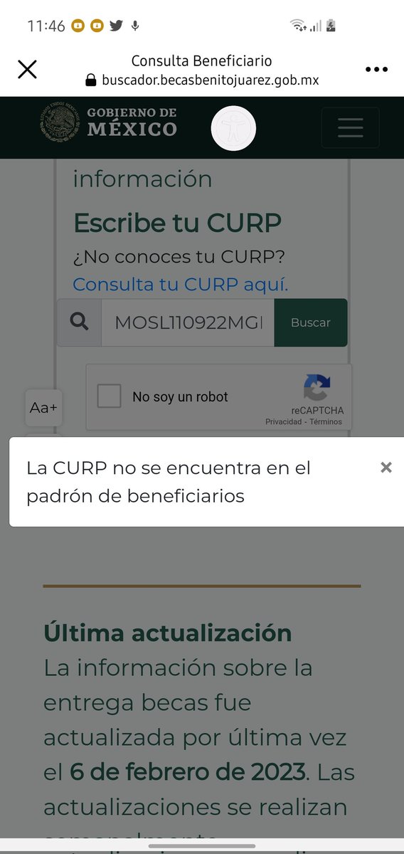 Sandova1602's tweet photo. @maruemmir6 @BecasBenito Hola ami hija la dieron de alta y todo en las becas y nos dijeron que ya estaba inscrita que solo esperábamos para que nos dieran la tarjeta, mi problema  es que cuando me metí a la página en estatus me aparece la imagen que pongo a continuación alguien sabe por que? https://t.co/DhGWr4moC4