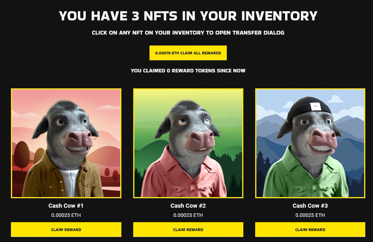 🚨 BIG ANNOUNCEMENT 🚨

#NFT DASHBOARD IS LIVE! 🚀 

You can now connect your wallet via the link below and check it out! 
The first #ETH Rewards have already been distributed! 👇

🟢View your NFT inventory
🟢Claim your NFT rewards 
🟢Transfer your NFTS

nft.cash-cow.net