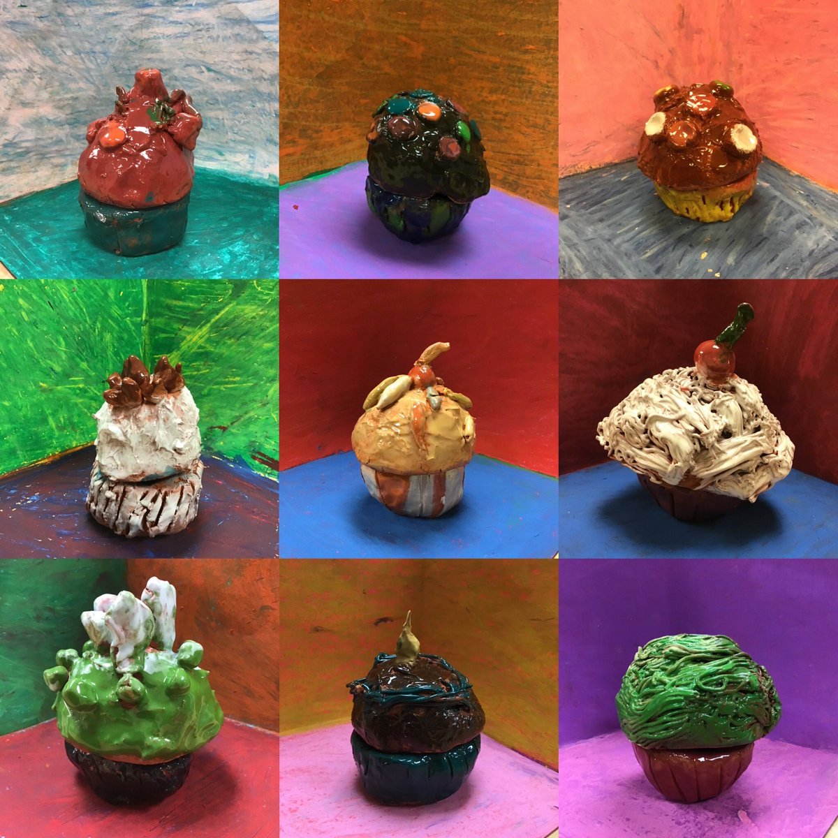 🧁 Clay Cupcakes 🧁 #MannSchool #OakPark97 #WayneThiebaud #RenielDelRosario #ceramics #pinchpots #oilpastel #texture #color #decoration #art #popart #WeAreD97 #MyD97 #clay #cupcake