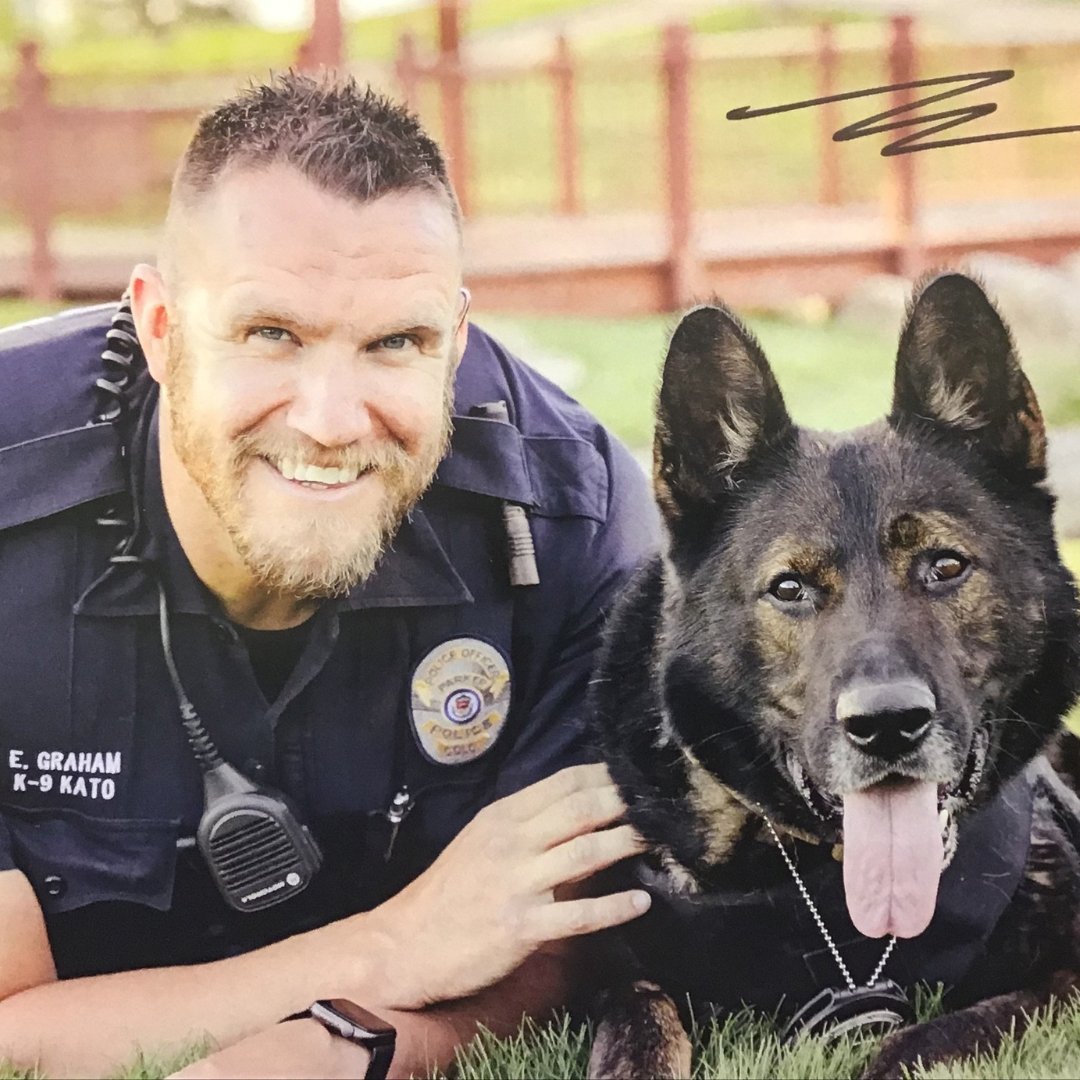 Parker Police Officer Eric Graham and K9 Kato appear in the 2023 Vested Interest in K9s, Inc. nationwide fundraising calendar. K9 Kato received a vest from the nonprofit. Proceeds will provide equipment & services for law enforcement K9s nationwide.  📷@ParkerPolice @VIK9s