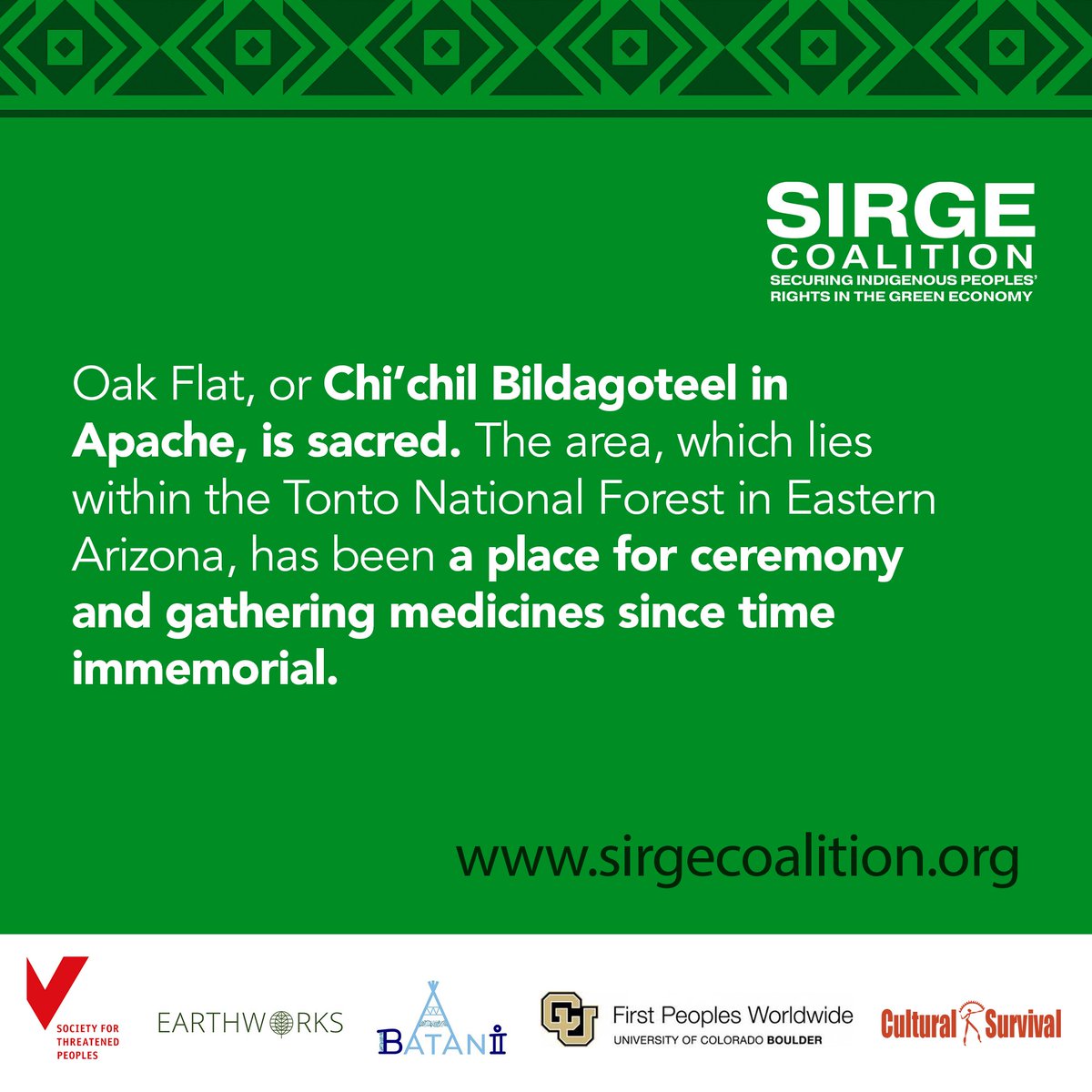 The Securing Indigenous Peoples Rights in the Green Economy (#SIRGE) Coalition stands with the #ApacheStronghold in demanding that Free, Prior and Informed Consent (#FPIC) is honored. #DefendTheDefenders #JustTransition #ProtectOakFlat #saveoakflat sirgecoalition.org/statements/sir… 1/2