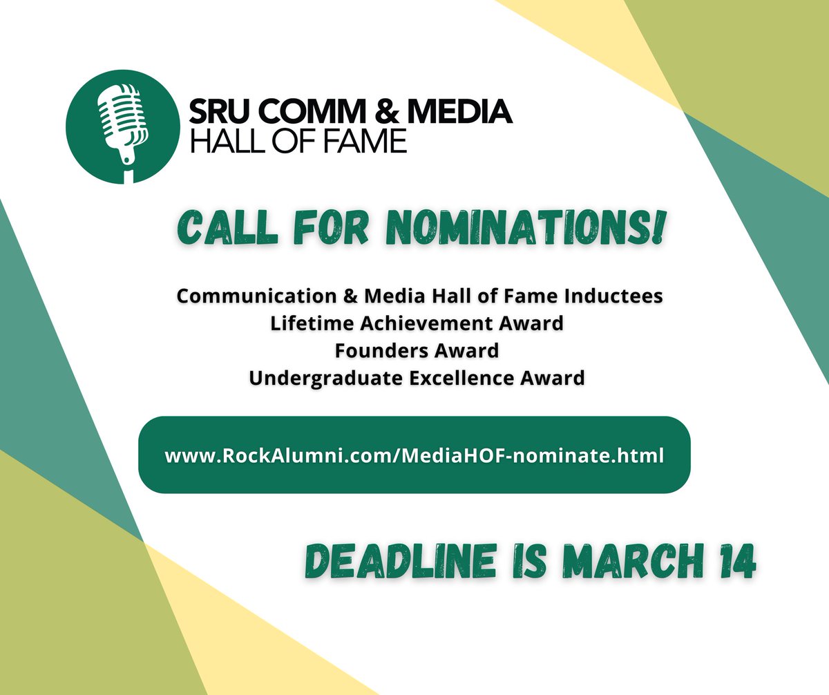 srucomm's tweet photo. The department events committee is seeking nominations for the 2023 SRU Communication &amp; Media Hall of Fame. Read more about the awards categories and submit your nominations at https://t.co/RQ9gGL15vb. The deadline for submission is March 14 by midnight. https://t.co/WxTs9imfTn