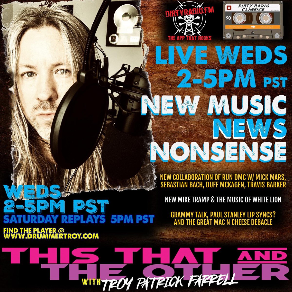 drummertpf's tweet photo. Today on #TTTO - LIVE 2-5pm PST-Collab from @OfficialRunDMC @sebastianbach @DuffMcKagan @travisbarker @mrmickmars #SheGetsMeHigh (#BlackBetty) New #MikeTramp - @PaulStanleyLive Lip Syncs (Sings to Track) per Doc & the @iheartmacheese Debacle https://t.co/HoS5QVEJBB @Dirtyradiofm https://t.co/7bZLNf7Dgs