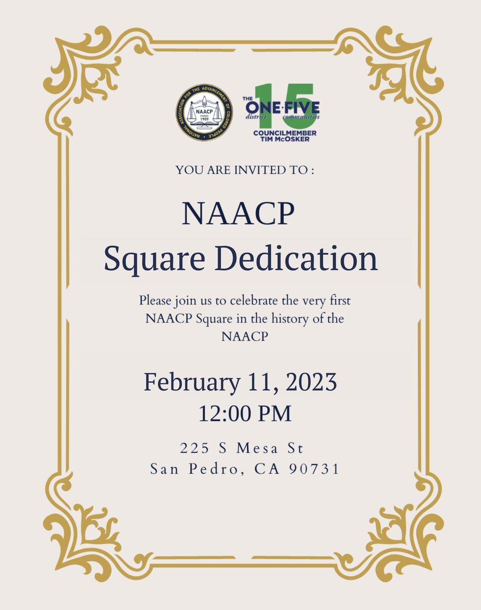 We're making history this weekend and you're invited to join us! 

This Saturday we will unveil the intersection of West 3rd St &amp; South Mesa St in San Pedro as “NAACP SQUARE” in honor of America’s oldest and largest civil rights organization.

RSVP here ➡️ bit.ly/3jGrnCc