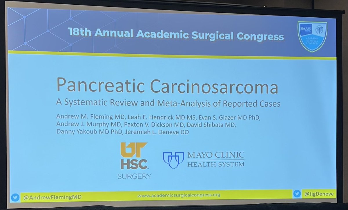 Excellent presentation by <a href="/AndrewFlemingMD/">Andrew M. Fleming, MD</a> on a rare topic - Pancreatic Carcinosarcoma ⁦<a href="/AndrewFlemingMD/">Andrew M. Fleming, MD</a>⁩ ⁦<a href="/jigdeneve/">Jeremiah Deneve</a>⁩ ⁦<a href="/SurgeryUTHSC/">UTHSC Department of Surgery</a>⁩ #ASC2023