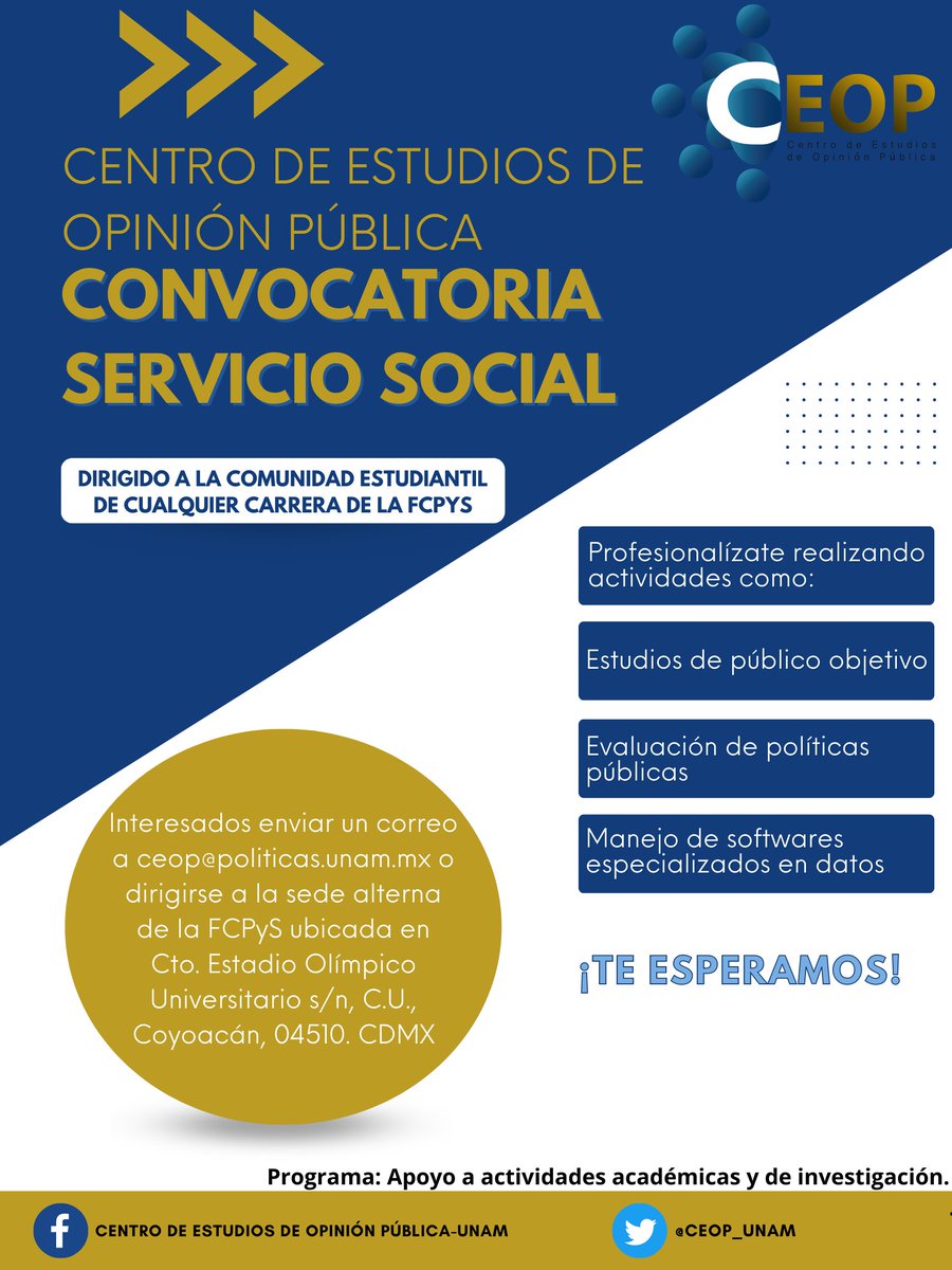 ceop_unam's tweet image. El #CEOP abre sus puertas para las y los interesados en liberar su servicio social realizando diversas actividades de investigación, captación y manejo de datos, uso de softwares especializados, entre otras. 
¡TE ESPERAMOS!