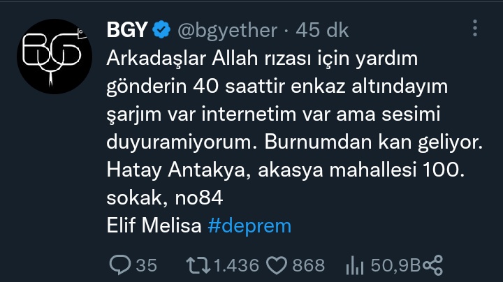 Aysegulsolganca's tweet photo. SES VAR ACİL HATAY/ANTAKYA
Elif Melisa #hatay #antakya #CumhurbaskanıErdoğan #TurkeyQuake #HelpTurkey #deprem https://t.co/xwQUJ02yTy