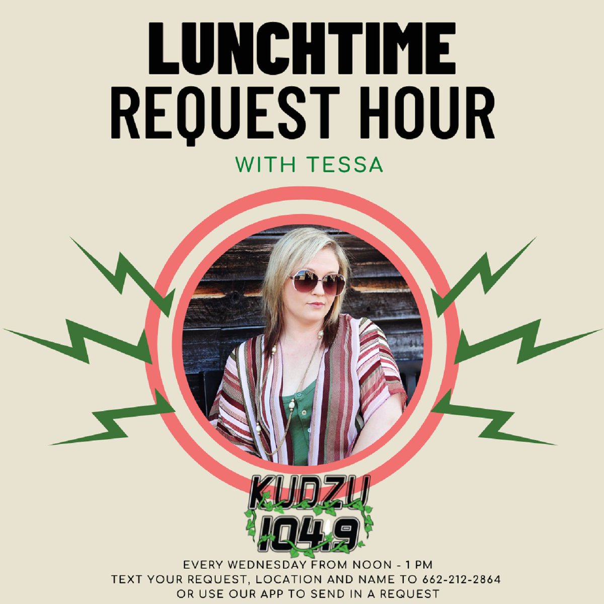 Kudzu1049's tweet image. Lunch Time Request Hour with Tessa at noon. Tune in from noon-1PM to hear everyone's favorite/requested song!! If you have have a request text it, your location, and name to 662-212-2864 or use our app!! #AllRequest #SongRequest #favoritesong