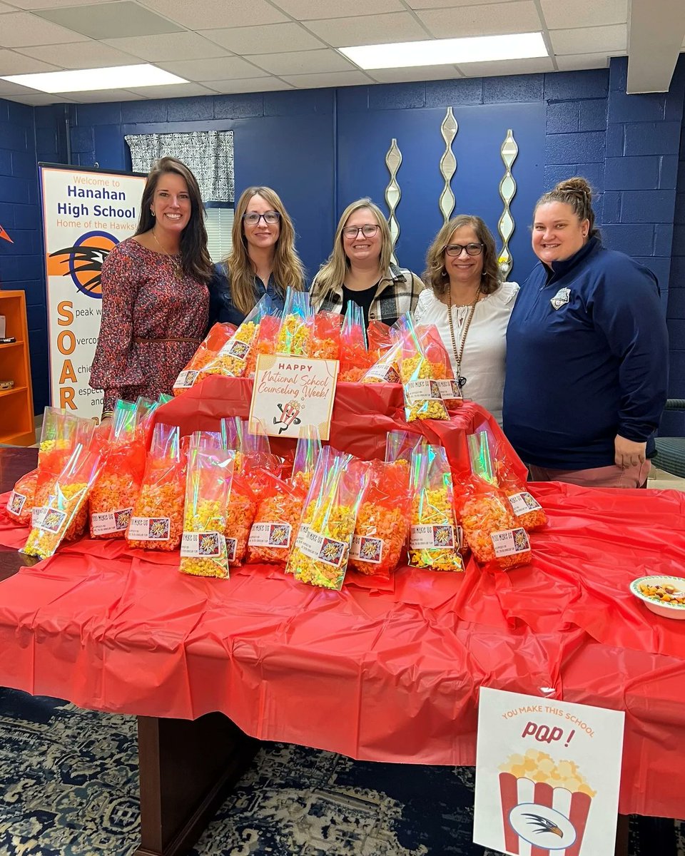 PHOTO OF THE WEEK: Hanahan High's counselors have a message for teachers: Don't be afraid to ~pop~ into the guidance counselor office! 🍿 #photooftheweek #nationalschoolcounselingweek #makingapositivedifference