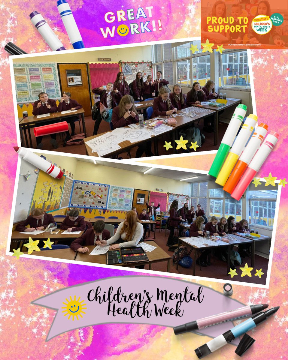 APHeolddu's tweet photo. We had a lovely time colouring and catching up in support of #ChildrensMentalHealthWeek today π¨ Thanks for the inspiration and resources @twinklresources @charliemackesy π€© our β¨Year 7β¨ artists loved them π§βπ¨ @Place2Be #ChildrensMentalHealthWeek #letsconnect #keepcolouring https://t.co/vjql8caTPE