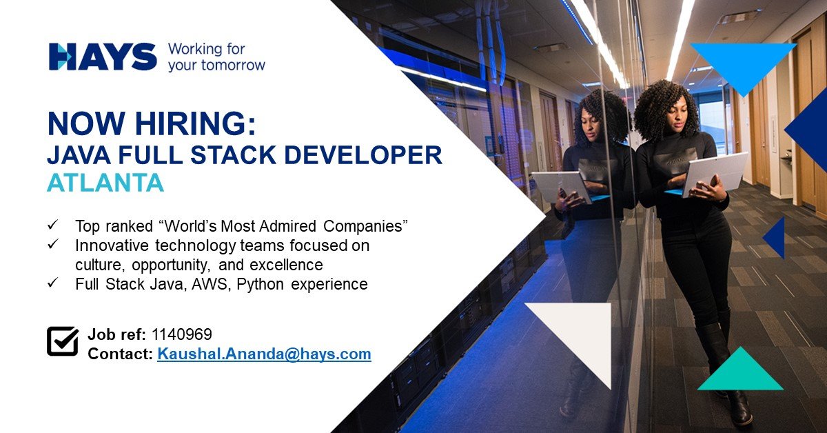Looking for opportunities as a Java Full Stack Developer? We have the right one for you: hays.com/job-detail/jav…

#javadeveloper #javadeveloperjobs #atlantajobs #atlantageorgia #fullstackdeveloper #fullstackdev