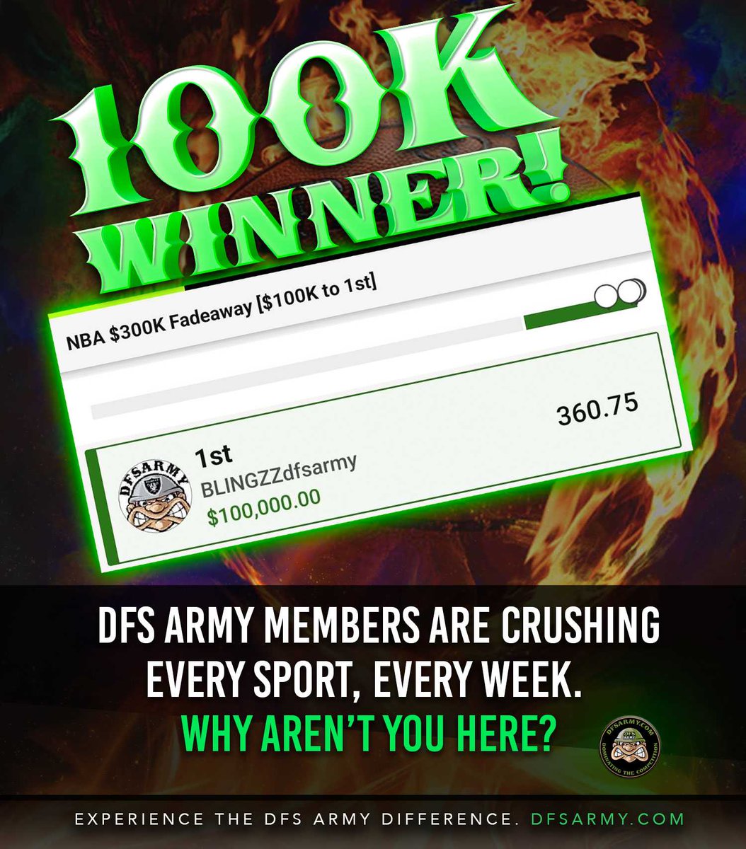 PineyWoodsTrade's tweet photo. Congratulations to DFS Army member BLINGZZdfsarmy on this huge 1st place finish on @DraftKings this weekend winning $100,000!
Join the best in the industry today!
https://t.co/DibL2mGfmn
#DFS - #DFSArmy #DraftKings #FanDuel #FantasyNBA #NBA #FanDuelNBA #DraftKingsNBA https://t.co/rS8lpOneAi