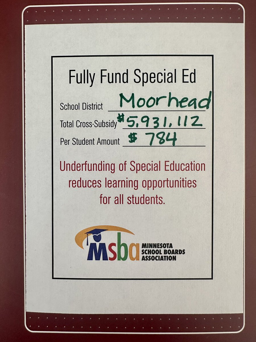 Please ask legislators to fully fund special education using a small part of Minnesota’s multibillion dollar surplus! <a href="/MoorheadSchools/">Moorhead Area Public Schools</a> <a href="/MoorheadSuper/">Brandon Lunak</a> #mnleg #mnhouse #mnsenate