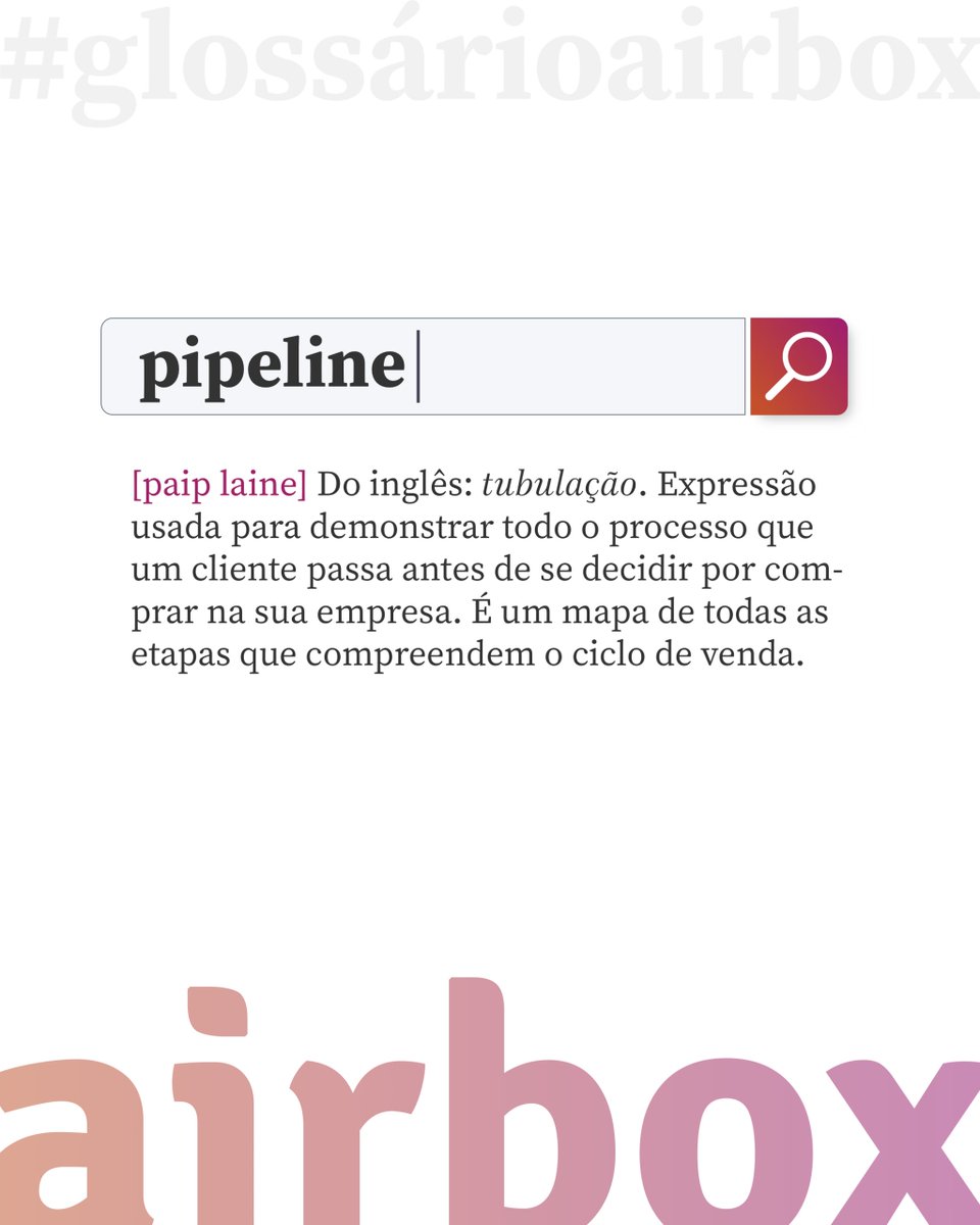 Airbox_tech's tweet photo. #glossarioairbox de hoje é o termo "pipeline", muito utilizado no universo de gestão de negócios.

Você já sabia o que significava? https://t.co/OOCQxexpPj