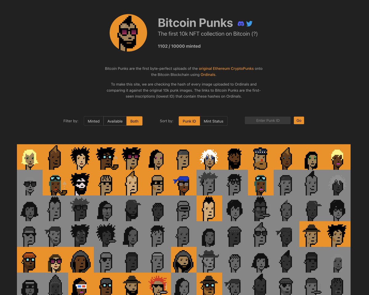 LeonidasNFT's tweet image. Ordinal degens are inscribing an exact copy of all 10,000 CryptoPunks images directly onto Bitcoin right now and there is nothing anybody can do about it. It's so popular right now that it took down the ordinals bot.

1102/10000 minted

👉 bitcoinpunks.com