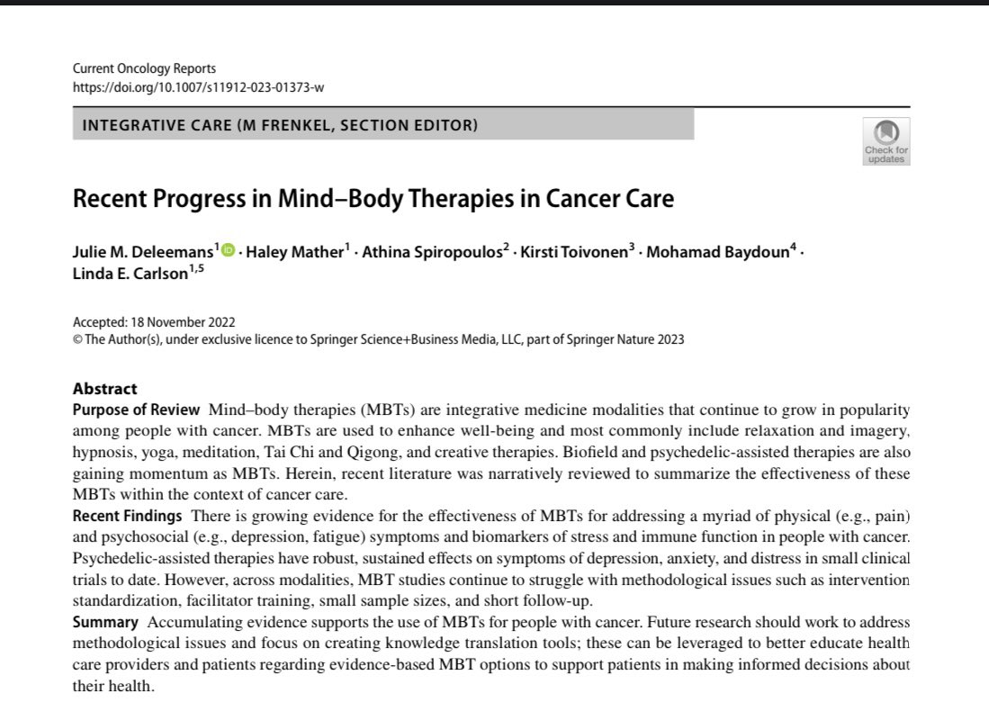 Just published: our new review paper on recent progress in mind-body therapies for cancer care! @Linda_E_Carlson @MoBaydoun1986 @KirstiToivonen2 @HaleyMather @AthinaSpiro @Integrativeonc @UCalgaryPsyOnc Get it here: link.springer.com/article/10.100…
