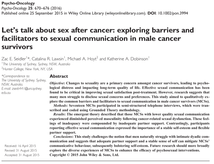 For my Throwback Thursday post this week, I wanted to dust off and throwback to one of my older papers where we interviewed 17 male cancer survivors (aged between 24 to 77), and explored their barriers and facilitators to effective sexual communication.  onlinelibrary.wiley.com/doi/abs/10.100…