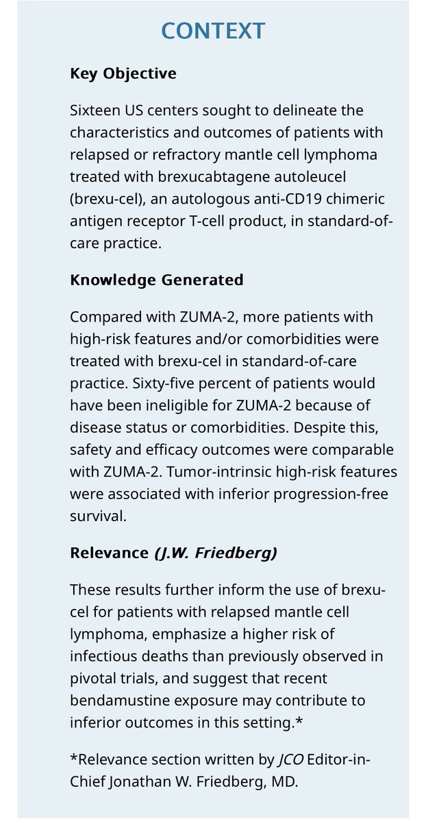 Yucai Wang, MD, PhD (@yucaiwangmd) on Twitter photo Brexu-cel for R/R MCL in standard-of-care practice. Comparable results to ZUMA-2, although follow-up still short. Great collaboration among US Lymphoma CART Consortium. <a href="/MayoCancerCare/">Mayo Clinic Comprehensive Cancer Center</a> <a href="/MDAndersonNews/">MD Anderson Cancer Center</a> <a href="/MoffittNews/">Moffitt Cancer Center</a> ascopubs.org/doi/pdf/10.120… Brexu-cel for R/R MCL in standard-of-care practice. Comparable results to ZUMA-2, although follow-up still short. Great collaboration among US Lymphoma CART Consortium. <a href="/MayoCancerCare/">Mayo Clinic Comprehensive Cancer Center</a> <a href="/MDAndersonNews/">MD Anderson Cancer Center</a> <a href="/MoffittNews/">Moffitt Cancer Center</a> ascopubs.org/doi/pdf/10.120…